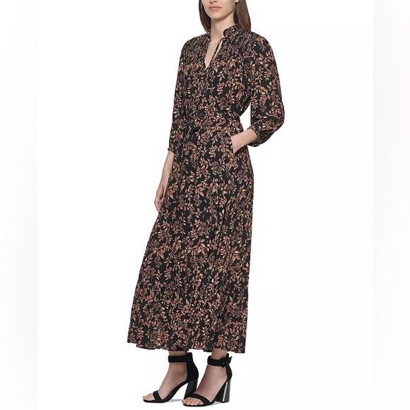 Calvin Klein Women's 8/M Tie-Neck Smocked-Yoke Maxi Dress Fall Black Brown Leaf - Picture 1 of 15